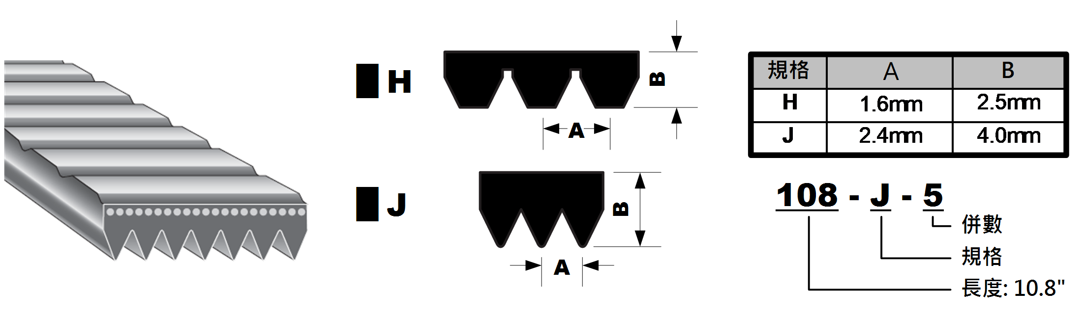 PU 多溝皮帶截面 A/B:H 1.6/2.5 mm,J 2.4/4.0 mm;108-J-5 表示長度 10.8 inch、規格 J、併數 5